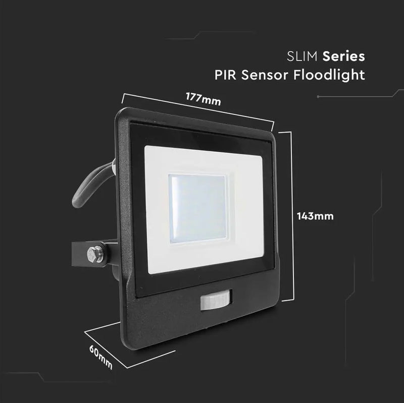 30W(2340Lm) LED Spotlight V-TAC SAMSUNG with PIR sensor, warranty 5 years, IP65, black, warm white light 3000K