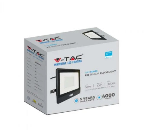 50W(4000Lm) LED-strålkastare med PIR-sensor, V-TAC SAMSUNG, 5 års garanti, IP65, svart, 1m kabel, kallvitt ljus 6500K