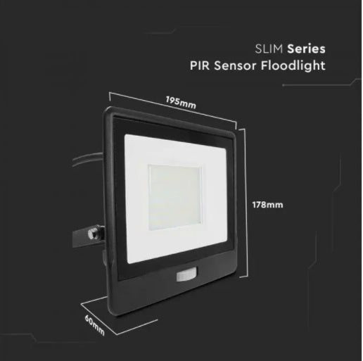 50W(4000Lm) LED-strålkastare med PIR-sensor, V-TAC SAMSUNG, 5 års garanti, IP65, svart, 1m kabel, kallvitt ljus 6500K