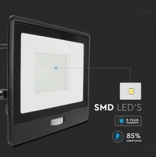 50W(4000Lm) LED-strålkastare med PIR-sensor, V-TAC SAMSUNG, 5 års garanti, IP65, svart, 1m kabel, kallvitt ljus 6500K