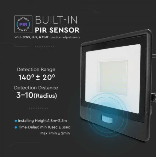 50W(4000Lm) LED-strålkastare med PIR-sensor, V-TAC SAMSUNG, 5 års garanti, IP65, svart, 1m kabel, kallvitt ljus 6500K