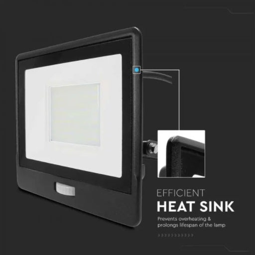 50W(4000Lm) LED-strålkastare med PIR-sensor, V-TAC SAMSUNG, 5 års garanti, IP65, svart, 1m kabel, kallvitt ljus 6500K