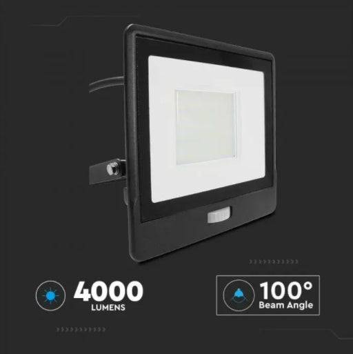50W(4000Lm) LED-strålkastare med PIR-sensor, V-TAC SAMSUNG, 5 års garanti, IP65, svart, 1m kabel, kallvitt ljus 6500K
