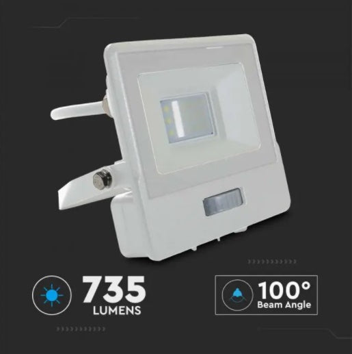 10W(735Lm) LED Prožektors V-TAC SAMSUNG ar PIR sensoru, garantija 5 gadi, IP65, balts, auksti balta gaisma 6500K