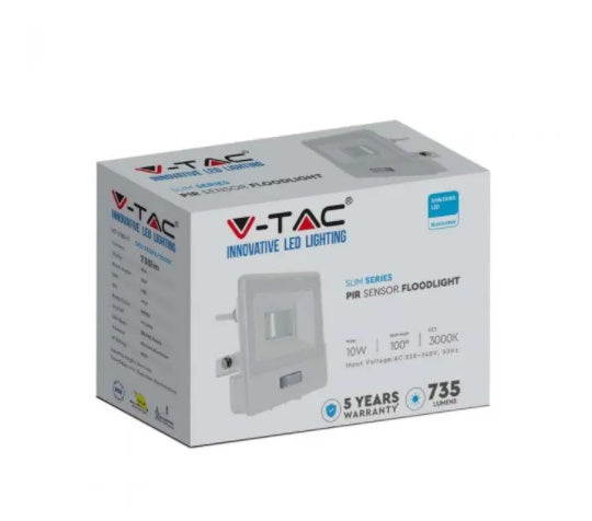 10W(735Lm) LED-strålkastare V-TAC SAMSUNG med PIR-sensor, 5 års garanti, IP65, vit, kallvitt ljus 6500K