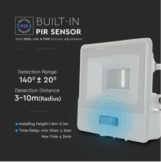 10W(735Lm) LED Prožektors V-TAC SAMSUNG ar PIR sensoru, garantija 5 gadi, IP65, balts, neitrāli balta gaisma 4000K