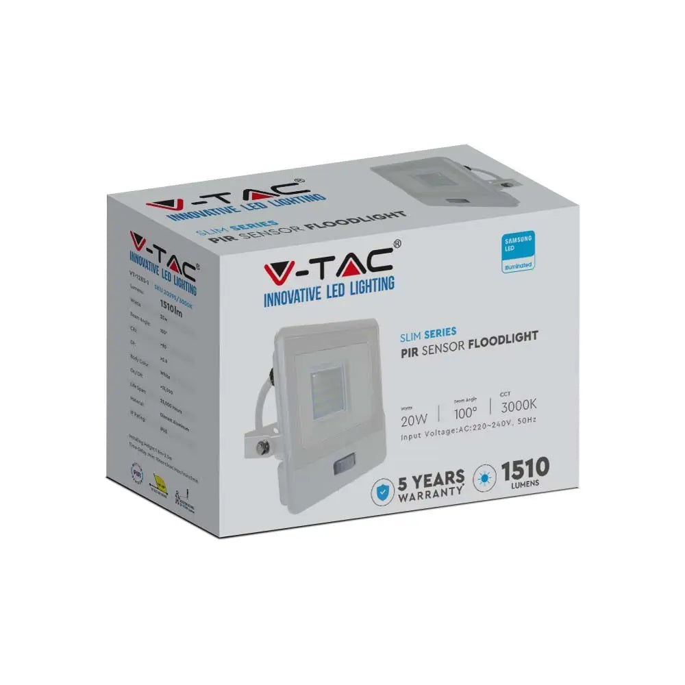 20W (1510Lm) LED-valgusti PIR-anduriga, V-TAC SAMSUNG, IP65, 5-aastane garantii, valge, 1m kaabel, soe valge valgus 3000K