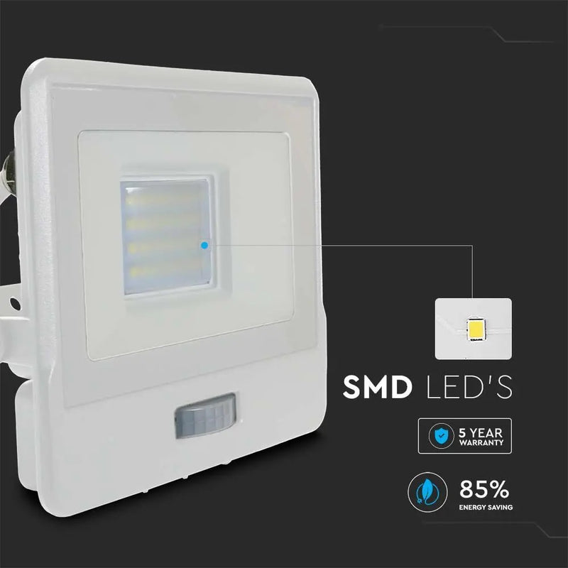 20W(1510Lm) LED spotlight with PIR sensor, V-TAC SAMSUNG, IP65, warranty 5 years, white, cable 1m, warm white light 3000K