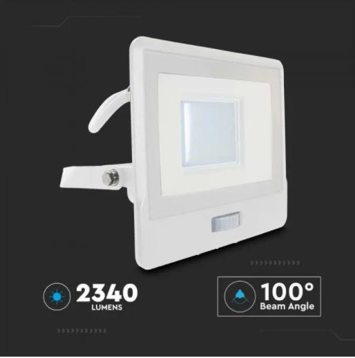 30W(2340Lm) LED-strålkastare V-TAC SAMSUNG med PIR-sensor, 5 års garanti, IP65, vitt, neutralvitt ljus 4000K