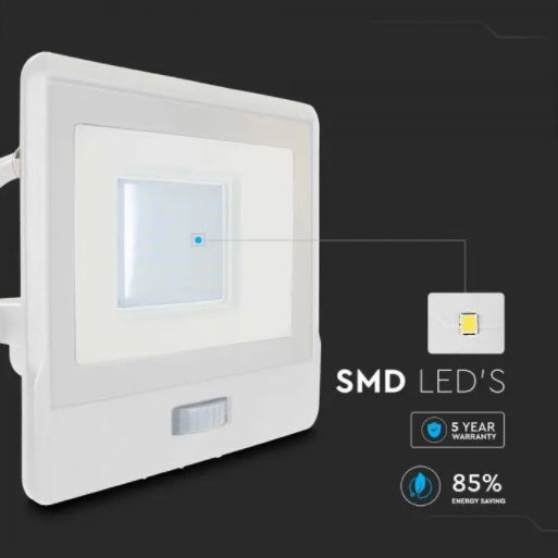 30W(2340Lm) LED-strålkastare V-TAC SAMSUNG med PIR-sensor, 5 års garanti, IP65, vitt, neutralvitt ljus 4000K