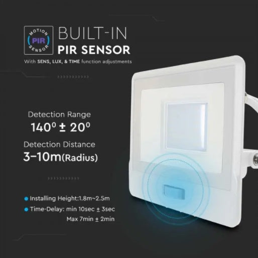 30W(2340Lm) LED Spotlight V-TAC SAMSUNG with PIR sensor, warranty 5 years, IP65, white, cold white light 6500K