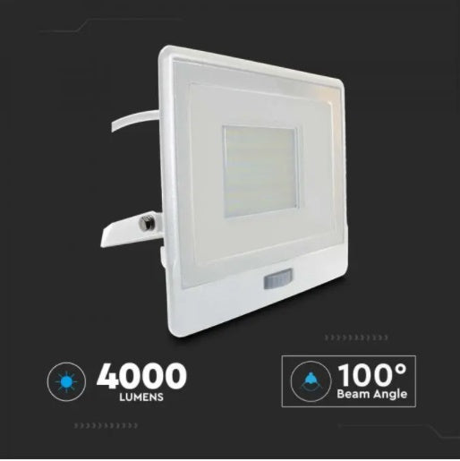 50W(4000Lm) LED-strålkastare med PIR-sensor, V-TAC SAMSUNG, 5 års garanti, IP65, vit, 1m kabel, neutralt vitt ljus 4000K
