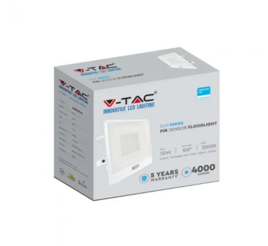 50W(4000Lm) LED-strålkastare med PIR-sensor, V-TAC SAMSUNG, 5 års garanti, IP65, vit, 1m kabel, neutralt vitt ljus 4000K