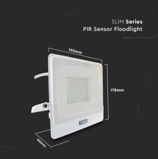 50W(4000Lm) LED-strålkastare med PIR-sensor, V-TAC SAMSUNG, 5 års garanti, IP65, vit, 1m kabel, neutralt vitt ljus 4000K