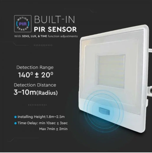 50W(4000Lm) LED Prožektors ar PIR sensoru, V-TAC SAMSUNG, garantija 5 gadi, IP65, balts, 1m kabelis, neitrāli balta gaisma 4000K