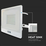 50W(4000Lm) LED-strålkastare med PIR-sensor, V-TAC SAMSUNG, 5 års garanti, IP65, vit, 1m kabel, neutralt vitt ljus 4000K