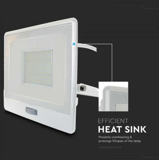 50W(4000Lm) LED-strålkastare med PIR-sensor, V-TAC SAMSUNG, 5 års garanti, IP65, vit, 1m kabel, neutralt vitt ljus 4000K