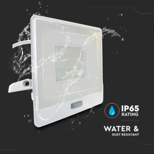 50W(4000Lm) LED Prožektors ar PIR sensoru, V-TAC SAMSUNG, garantija 5 gadi, IP65, balts, 1m kabelis, neitrāli balta gaisma 4000K