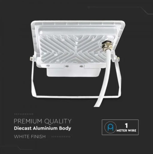 50W(4000Lm) LED-strålkastare med PIR-sensor, V-TAC SAMSUNG, 5 års garanti, IP65, vit, 1m kabel, neutralt vitt ljus 4000K