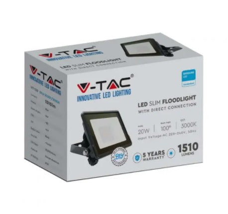 KASTE 20 gab. x 9,87€ – 20W(1510Lm) LED Prožektors V-TAC SAMSUNG, IP65, garantija 5 gadi, melns, auksti balta gaisma 6500K
