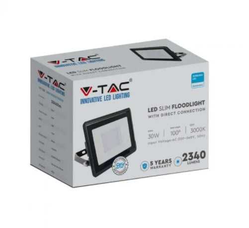30W(2340Lm) LED V-TAC SAMSUNG floodlight, warranty 5 years, IP65, black, cold white light 6500K