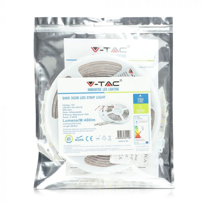 Hind 5m_3.6W/m(400Lm/m) 0.3A/m 60 LED SMD3528 lint, veekindel IP65, V-TAC, SININE valgus