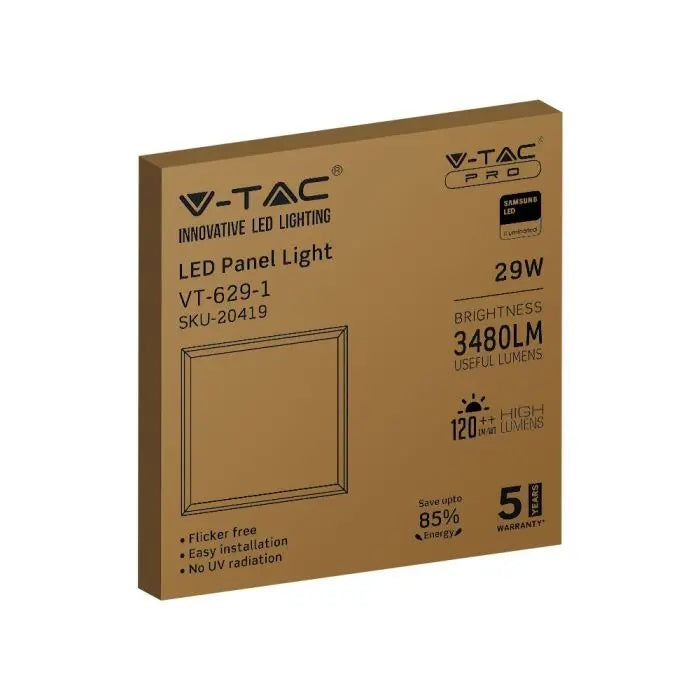 29W(3480Lm) 30-42V LED панель 595x595mm(600x600mm), V-TAC SAMSUNG, IP20, нейтральный белый свет 4000K, поставляется с блоком питания