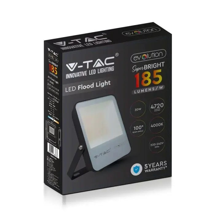 30W(4720Lm) LED-strålkastare V-TAC SAMSUNG, IP65, 5 års garanti, svart med grått glas, kallvit 6400K