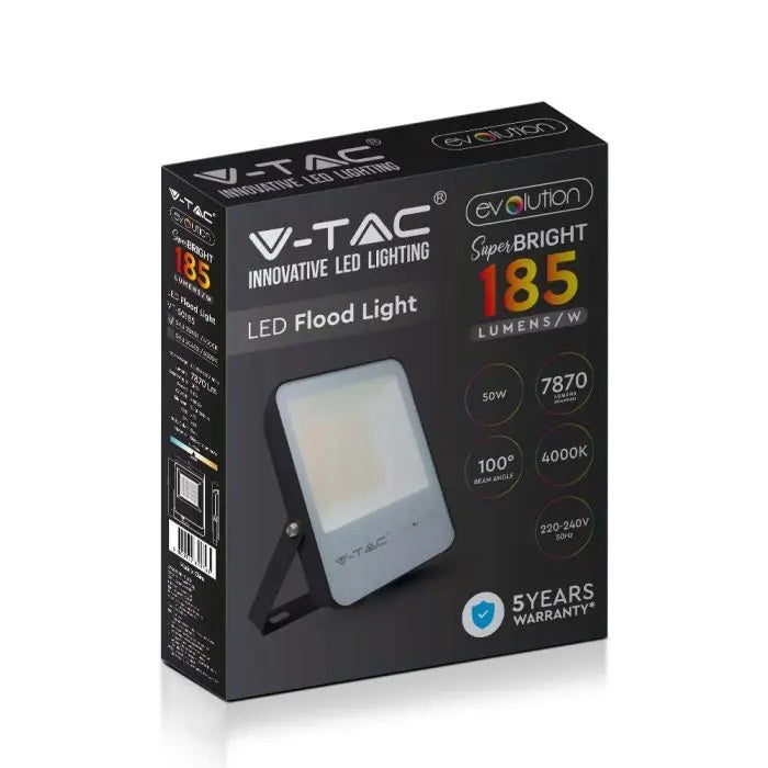 50W(7870Lm) LED Spotlight V-TAC SAMSUNG, IP65, warranty 5 years, black body with gray glass, cold white light 6400K