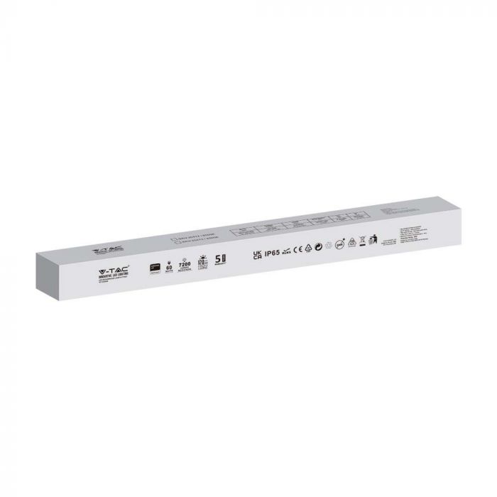 60W(7200Lm) 120Lm/W, 120cm LED Linear luminaire, IP65, V-TAC, without plug (cable connection), cold white light 6500K