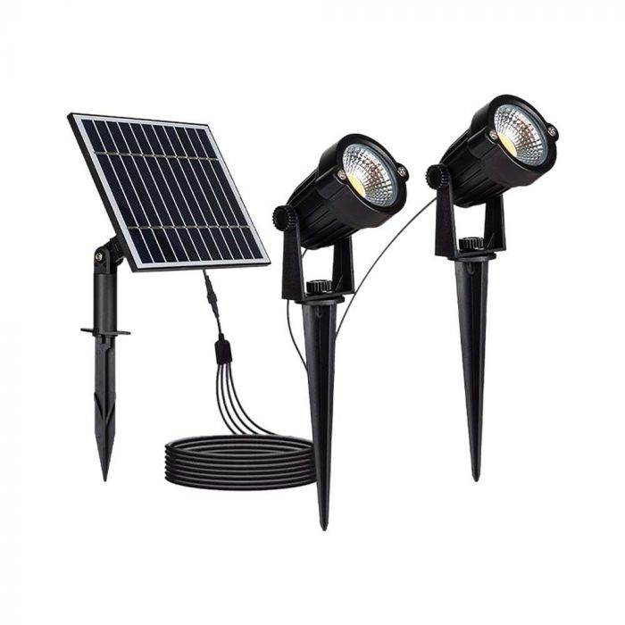 2x1,2W 12V LED-solarmatur, V-TAC, svart, IP65, varmvitt ljus 3000K