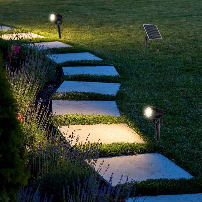 2x1,2W 12V LED-solarmatur, V-TAC, svart, IP65, varmvitt ljus 3000K