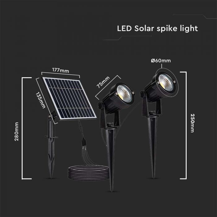 2x1,2W 12V LED-solarmatur, V-TAC, svart, IP65, varmvitt ljus 3000K