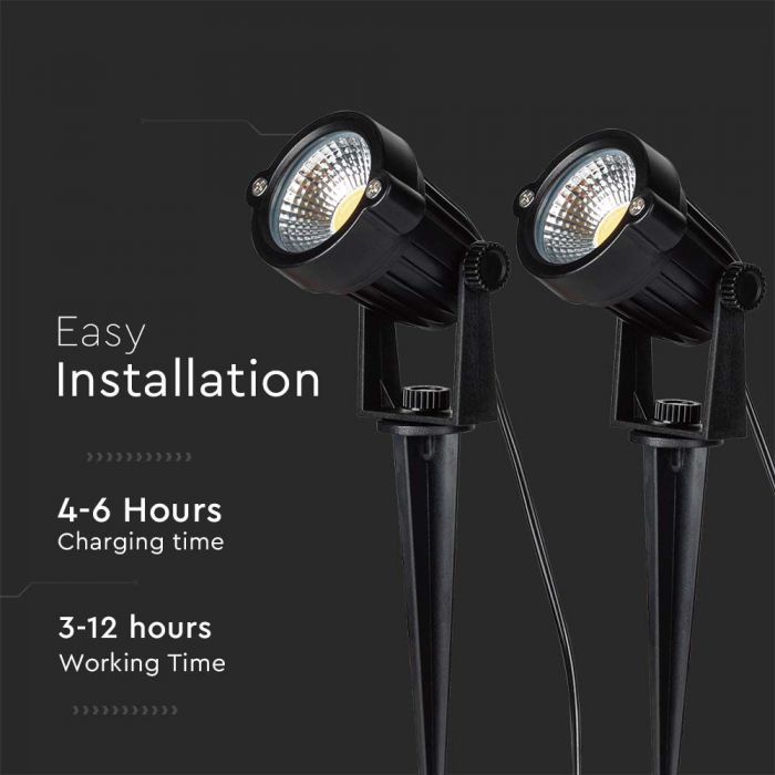2x1,2W 12V LED-solarmatur, V-TAC, svart, IP65, varmvitt ljus 3000K