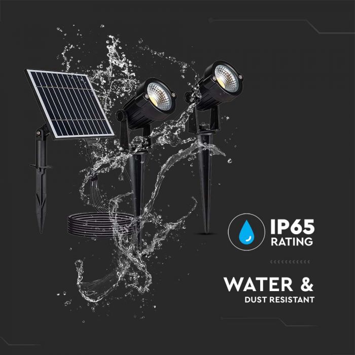 2x1,2W 12V LED-solarmatur, V-TAC, svart, IP65, varmvitt ljus 3000K