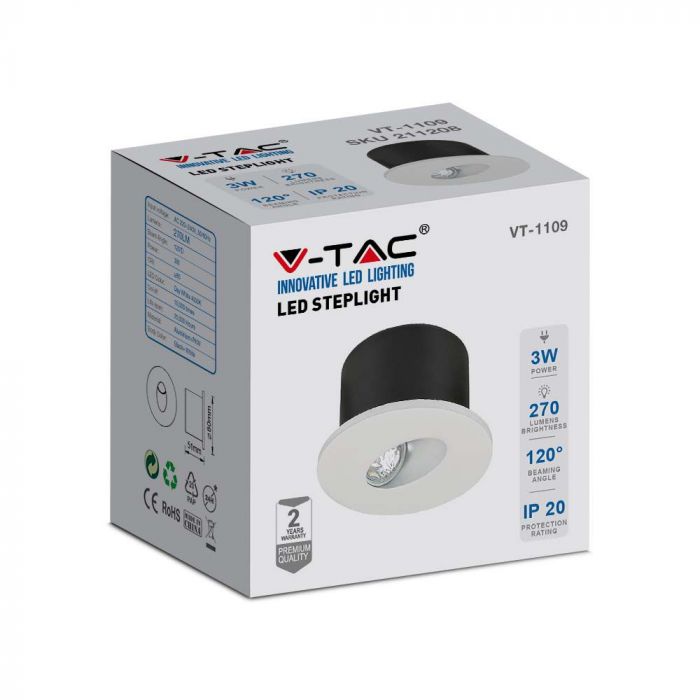 3W(270Lm) LED trepivalgusti, V-TAC, IP20, valge, ümmargune, neutraalne valge 4000K