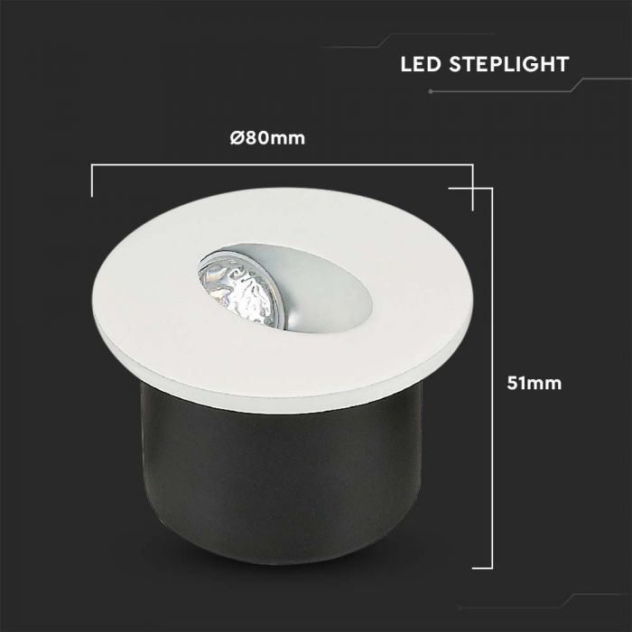 3W(270Lm) LED trepivalgusti, V-TAC, IP20, valge, ümmargune, neutraalne valge 4000K