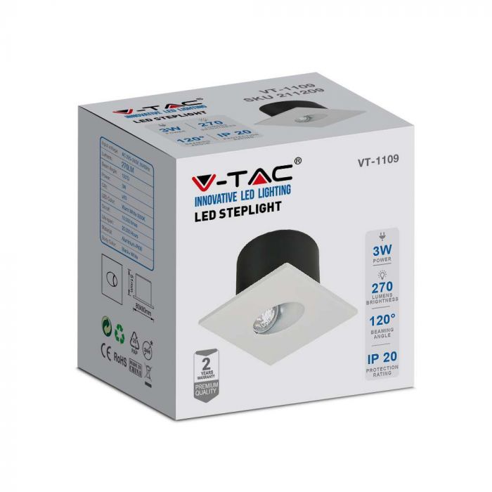 3W(270Lm) LED-trapphusarmatur, V-TAC, IP20, vit, fyrkantig, varmvitt ljus 3000K