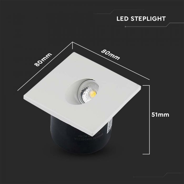 3W(270Lm) LED trepivalgusti, V-TAC, IP20, valge, kandiline, neutraalne valge 4000K