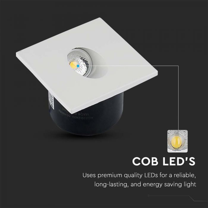3W(270Lm) LED-trapphusarmatur, V-TAC, IP20, vit, fyrkantig, varmvitt ljus 3000K