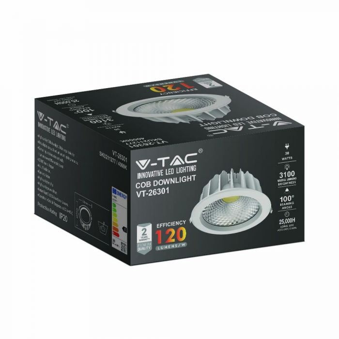 30W(3100Lm) LED COB reflector light, V-TAC SAMSUNG, warranty 5 years, IP20, neutral white light 4500K