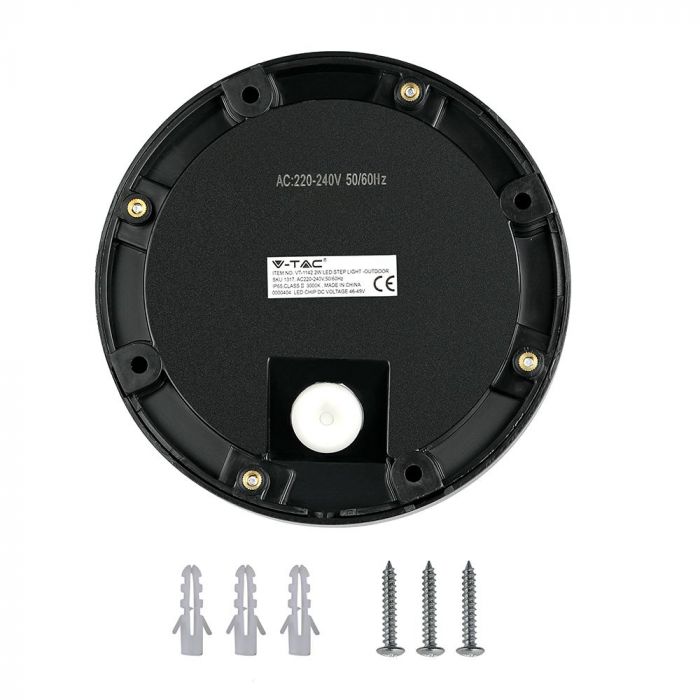 2W(80Lm) LED kāpņu gaismeklis, V-TAC, IP65, melns, apaļš, silti balta gaisma 3000K