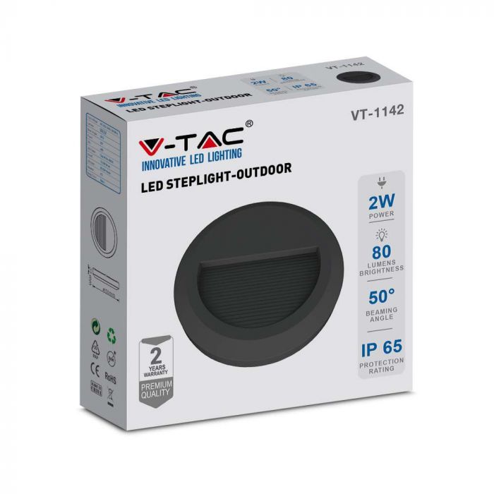 2W(80Lm) LED kāpņu gaismeklis, V-TAC, IP65, melns, apaļš, silti balta gaisma 3000K