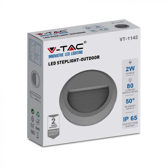 2W(80Lm) LED kāpņu gaismeklis, V-TAC, IP65, pelēks, apaļš, silti balta gaisma 3000K