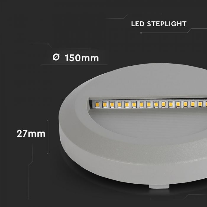 Светодиодный светильник для лестниц 2W(80Lm), V-TAC, IP65, серый, круглый, теплый белый свет 3000K