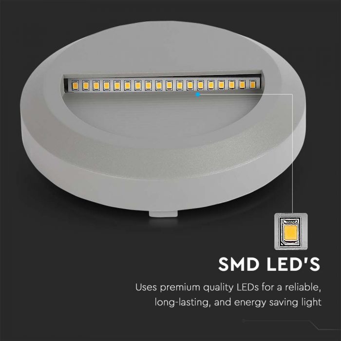 2W(80Lm) LED kāpņu gaismeklis, V-TAC, IP65, pelēks, apaļš, silti balta gaisma 3000K