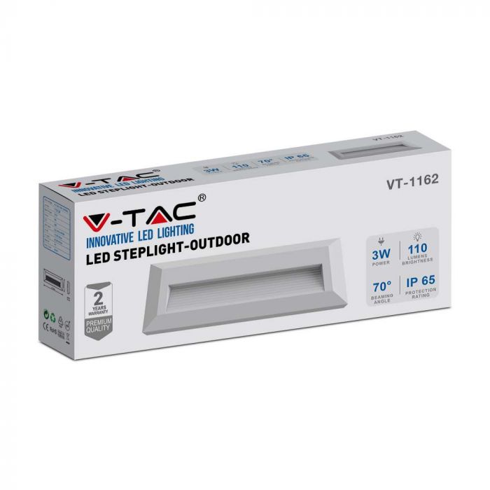 3W(110Lm) LED kāpņu gaismeklis, V-TAC, IP65, balts, kvadrāta, neitrāli balta gaisma 4000K