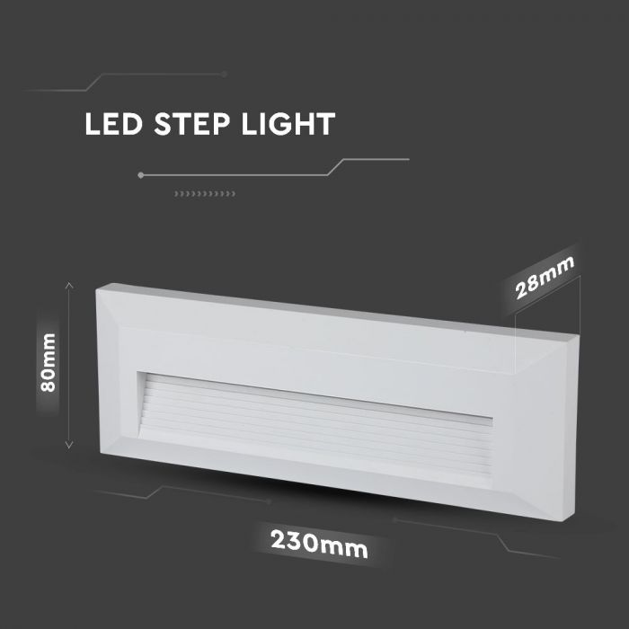3W(110Lm) LED kāpņu gaismeklis, V-TAC, IP65, balts, kvadrāta, neitrāli balta gaisma 4000K