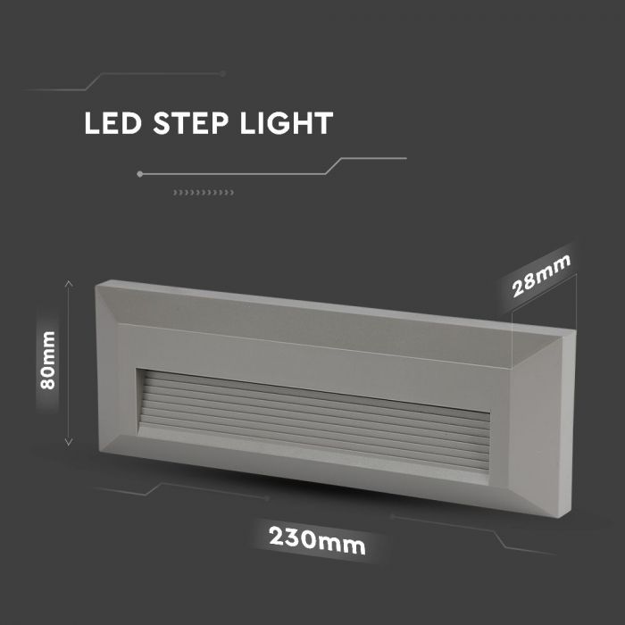 3W(110Lm) LED kāpņu gaismeklis, V-TAC, IP65, pelēks, kvadrāta, silti balta gaisma 3000K