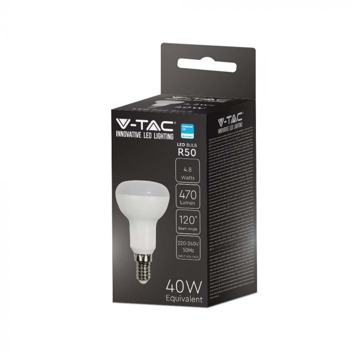 E14 4.8W(470Lm) LED-lambi, V-TAC SAMSUNG, garantii 5 aastat, R50, IP20, soe valge 3000K